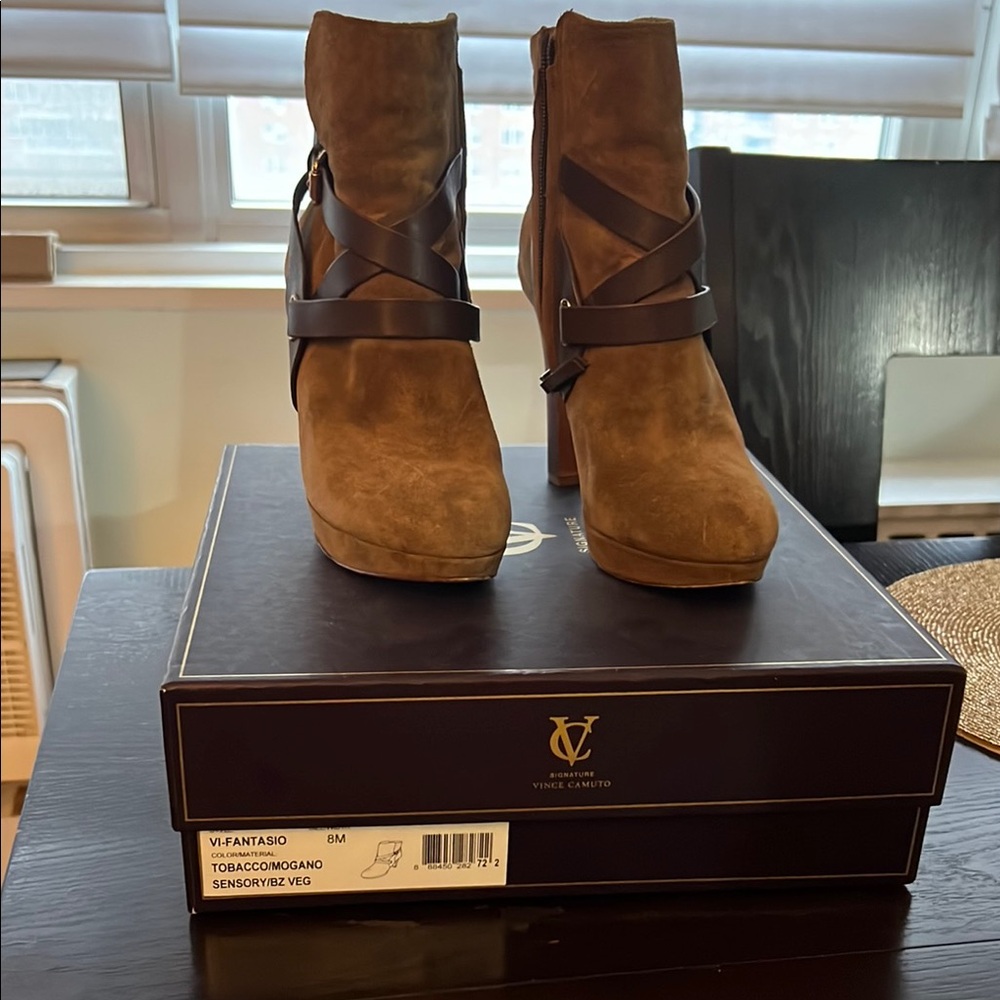 Vince Camuto Tan Suede Ankle Boots with Dark Brown Straps